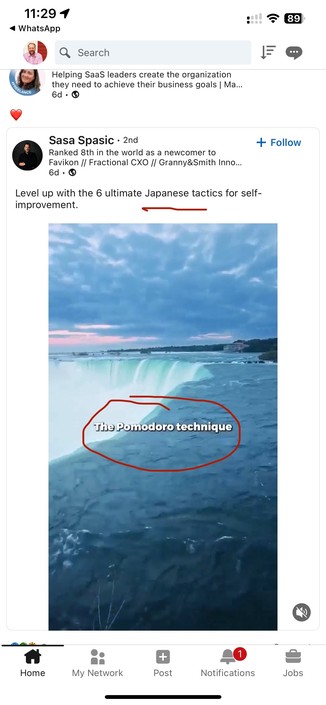 Social media interface showing a post about '6 ultimate Japanese tactics for self-improvement', with a background image of a waterfall, annotated with the text 'The Pomodoro technique'.