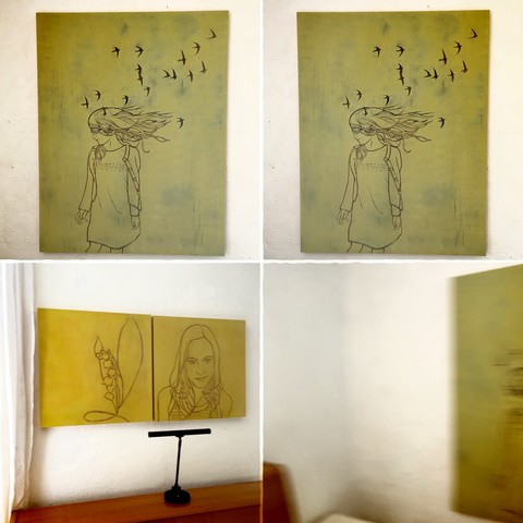 Four-panel image showing sketches of a girl with flowing hair and birds flying around on the first two panels, and a sketch of a seated woman reflected in a mirror on the third panel. The fourth panel depicts the reflection of the girl sketch blurred as if