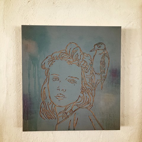 Artwork depicting a line drawing of a young girl's face with a bird perched to the right, set against a blue-gradient background, displayed on a wall.