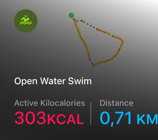 Fitness tracking screen showing an open water swim route with the text "Open Water Swim," calories burned (303kcal), and distance covered (0.71 km).