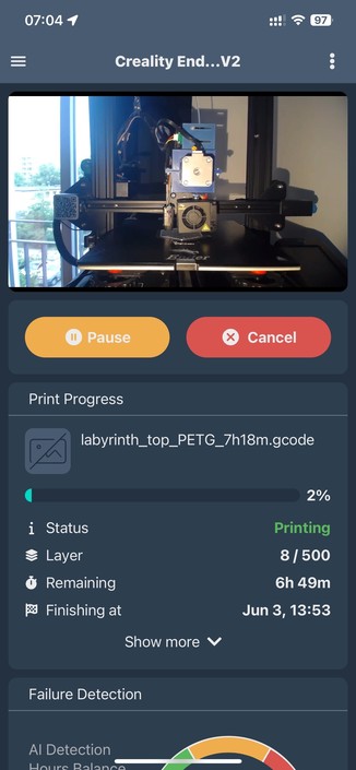 A screenshot of a 3D printer interface showing the status of a print job. The print is 2% complete, with 6 hours and 49 minutes remaining. The job currently printing is labeled "labyrinth_top_PETG_7