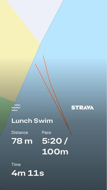 The image displays a swimming activity summary featuring the title "Lunch Swim." It includes metrics such as distance (78 meters), pace (5:20 per 100 meters), and total time (4 minutes and 11 seconds). There is a graphical representation of the maps and swim path in the lake
