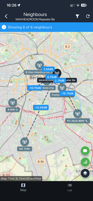 Screenshot of the Meshcore iOS app showing a map and connections between a router and it's direct connected peers.