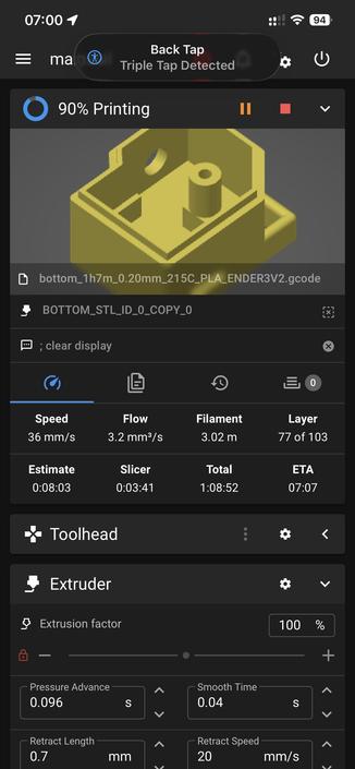 The image displays a 3D printing interface showing a yellow model that is 90% complete. Metrics for printing speed, flow, filament length, layer progress, and estimated time remaining are visible, along with settings for the toolhead and extruder