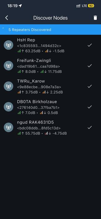 A screenshot of the MeshCore iOS app digital interface displaying five discovered repeaters. Each entry includes the repeater name, a unique identifier, and signal strength indicators measured in dB. The device status shows connection quality and there is an LTE signal indicator at the top.