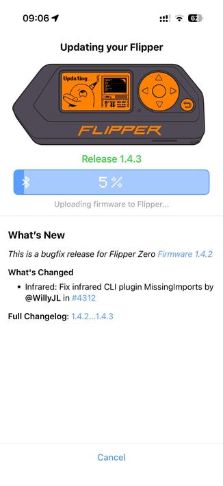 The image shows a screen displaying an update process for a device called Flipper, indicating it's currently updating to release 1.4.3 with 5% progress. It features an animated character, and details a bugfix with changes related to an CLI 