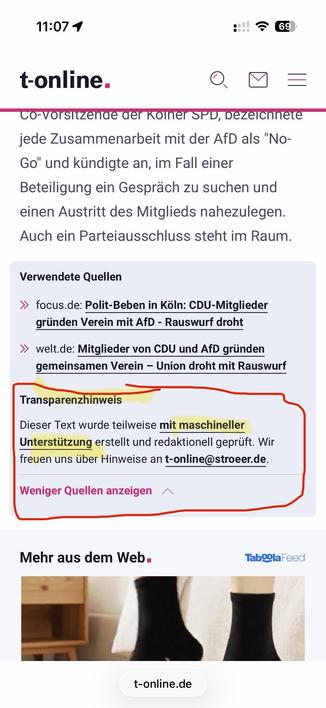 Screenshot eines Artikels auf T-Online.de. Hervorgehoben ist der Hinweis das der Artikel maschinell erstellt wurde und nur von einer Menschen abgesegnet wurde. AI Slop at its best. 