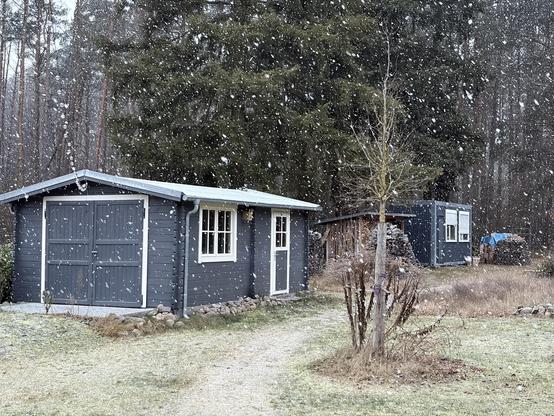 Two dark grey sheds in a snowy backyard with trees in the background.