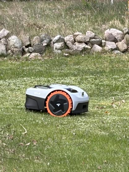 Ein Rasenmäher-Roboter mit orangenen Rädern auf einem Stück Rasen. Im Hintegrund eine kleine Feldsteinmauer. 