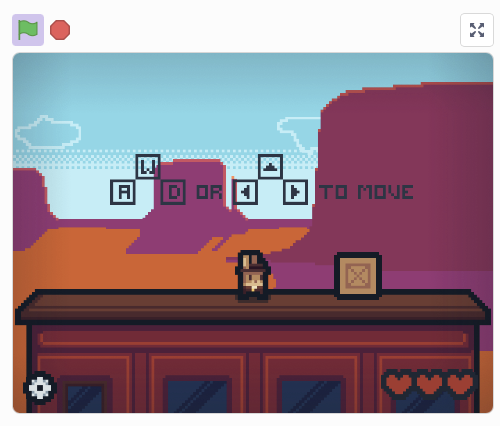 A pixel art illustration of a train wagon with some keyboard short cuts printed. I'ts from a Scratch Game "Train Fight" by Bro8an  