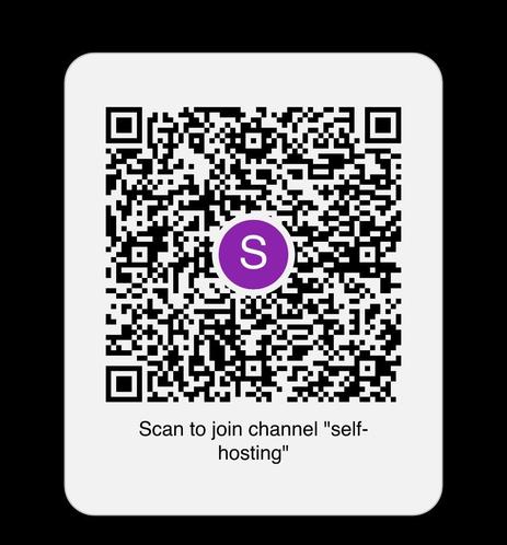 A QR code with the text: scan to join channel "self-hosting" 