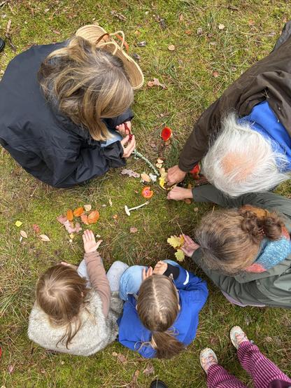 Einige Menschen von ca. 5 - 70 Jahren legen auf den Waldboden ein Mandala aus bunten Blättern, Beeren und Pilzen. Das Bild ist von oben über den am Boden hockenden Menschen aufgenommen die im Kreis um das Mandala hocken. 